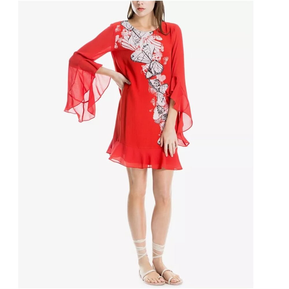 Max Studio Women Angel, Sleeve Placed, Print Dress, Red Butterfly